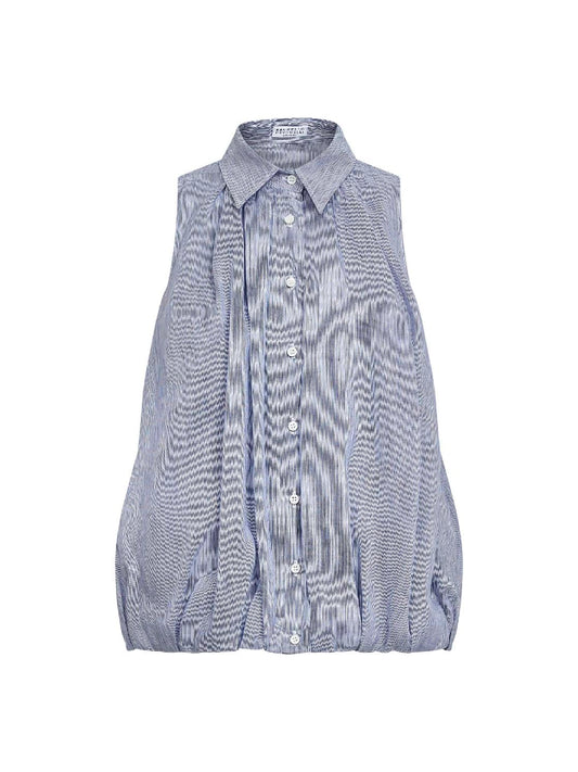Camicia smanicata in organza a righe bianco e blu
