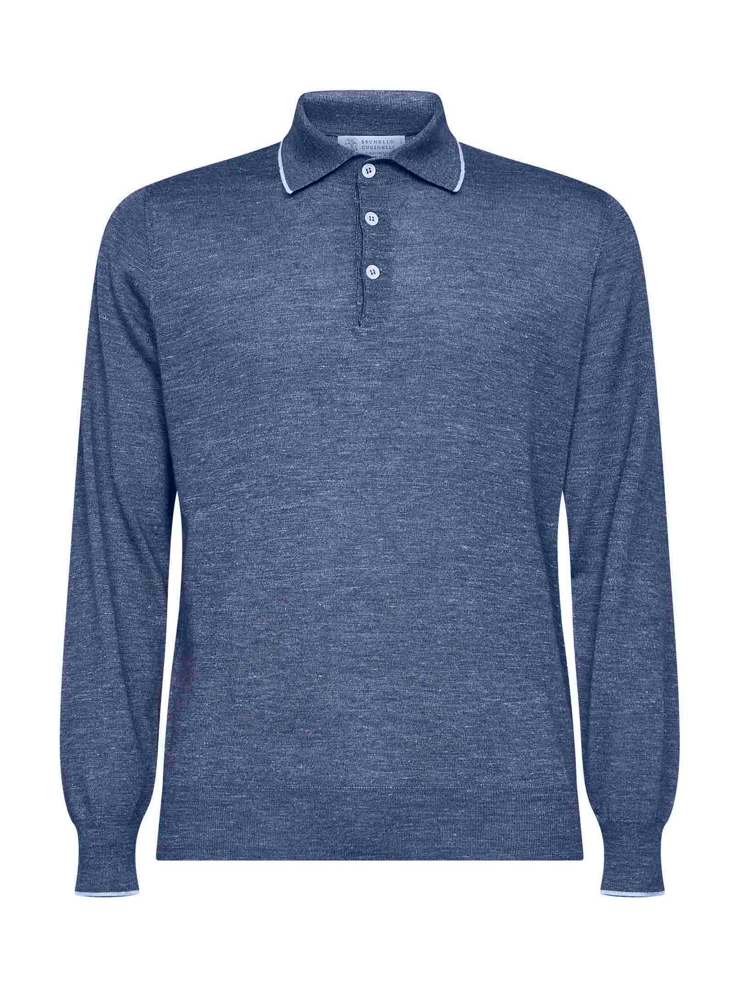 Blue cashmere and silk and hemp knit polo shirt