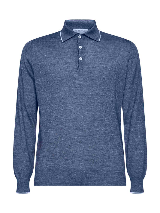 Blue cashmere and silk and hemp knit polo shirt