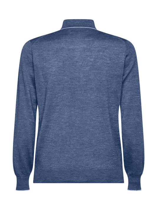 Blue cashmere and silk and hemp knit polo shirt