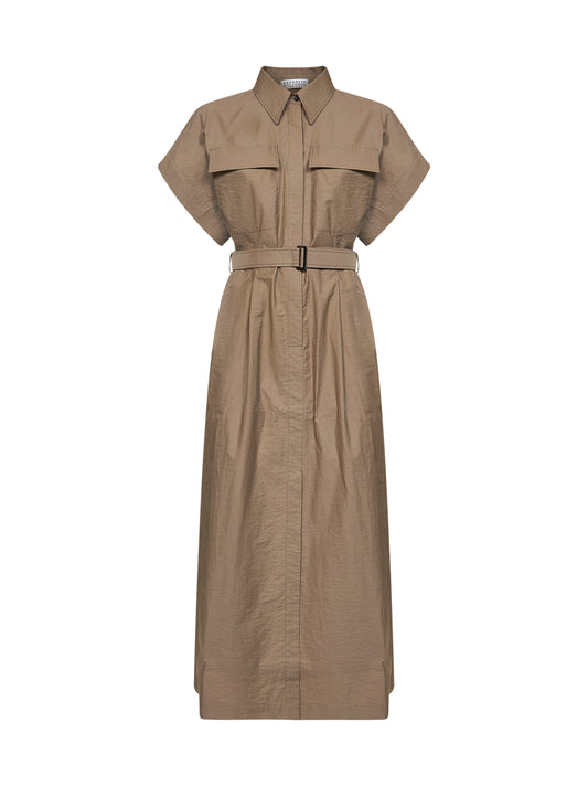 Earth brown Texture twill belted long shirt dress