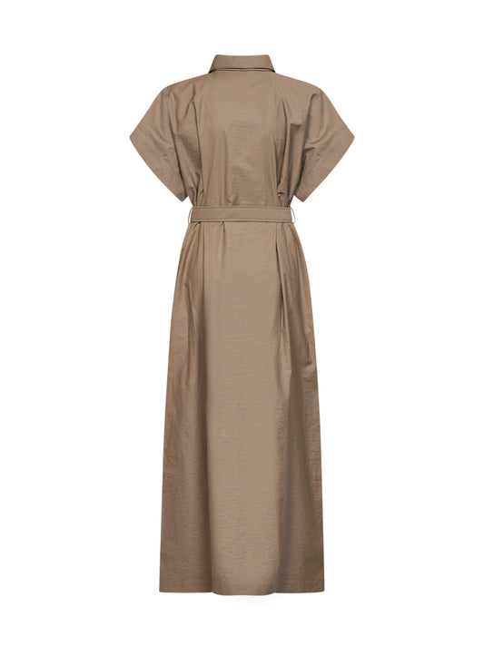Earth brown Texture twill belted long shirt dress