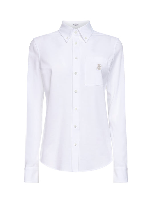 Camicia in piquet di cotone strech bianco con logo