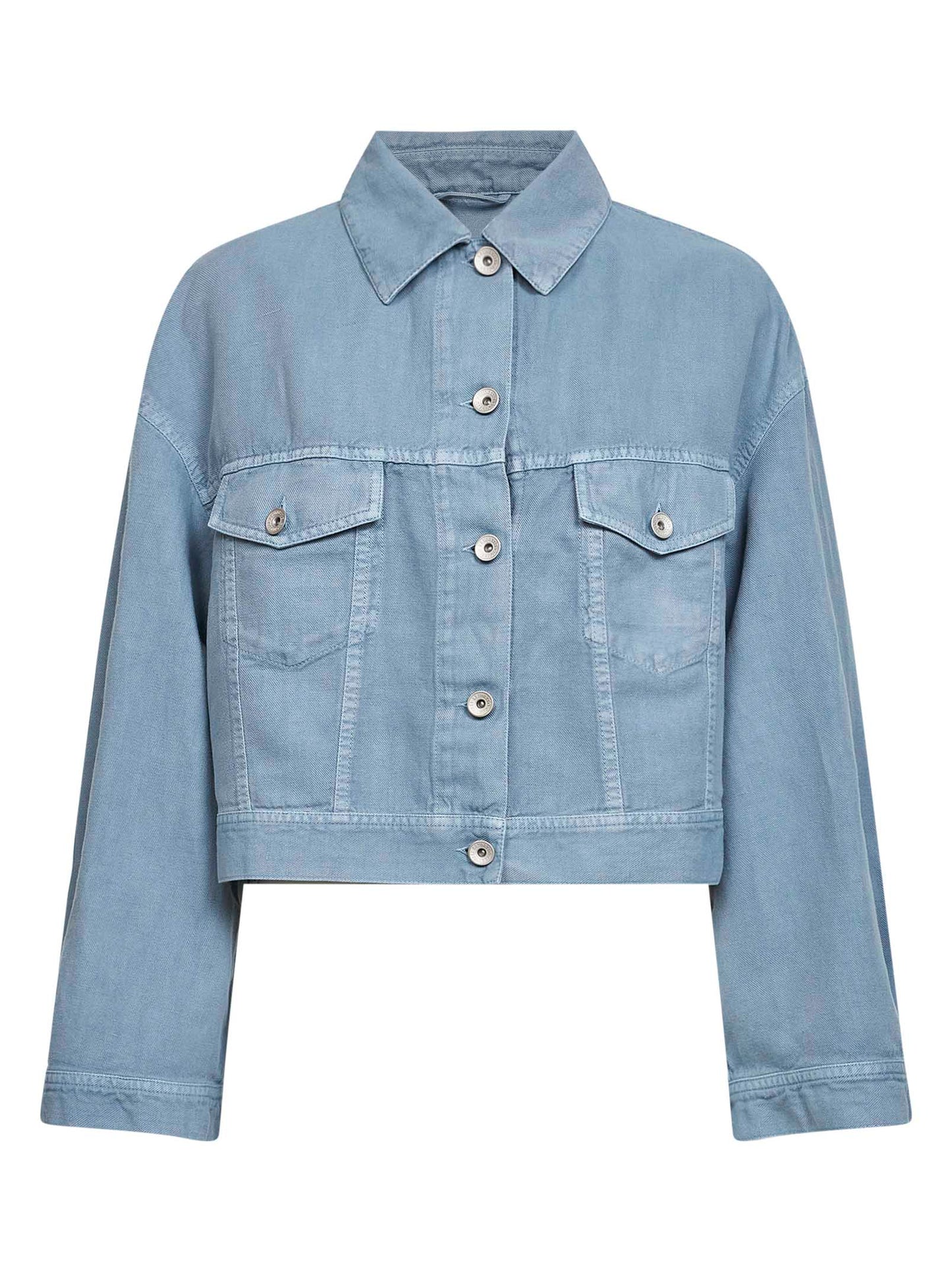 Giubbino in cover di cotone e lino azzurro con monile