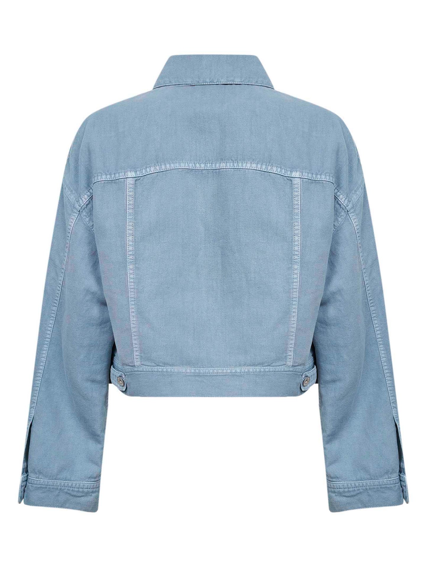 Giubbino in cover di cotone e lino azzurro con monile