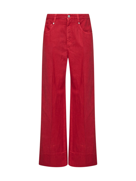 Crimson cotton and linen cover Loose jeans with monili