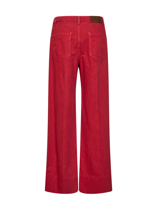 Crimson cotton and linen cover Loose jeans with monili