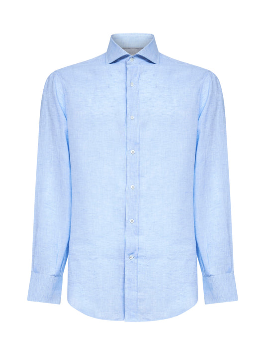 Camicia basic fit in lino celeste