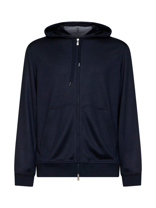 Navy blue cashmere and silk interlock zip-up hoodie