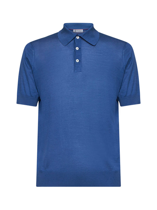 Royal blue Extra-light silk and cotton knit polo shirt