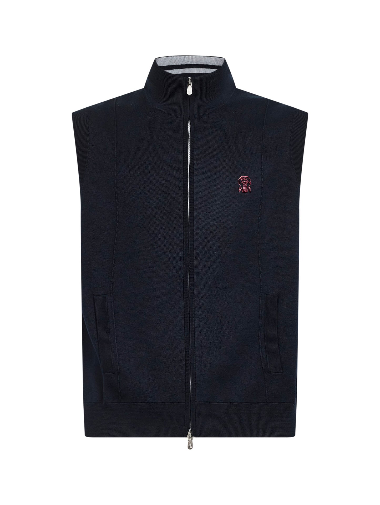 Gilet in maglia double di seta e cotone blu navy con logo