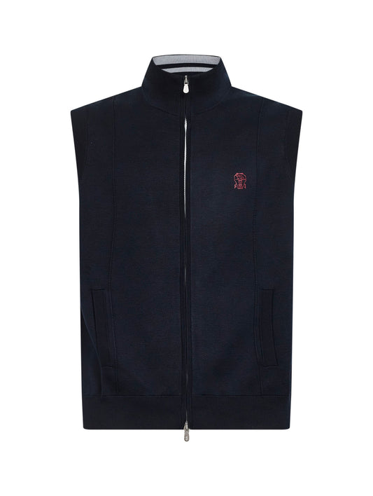 Gilet in maglia double di seta e cotone blu navy con logo