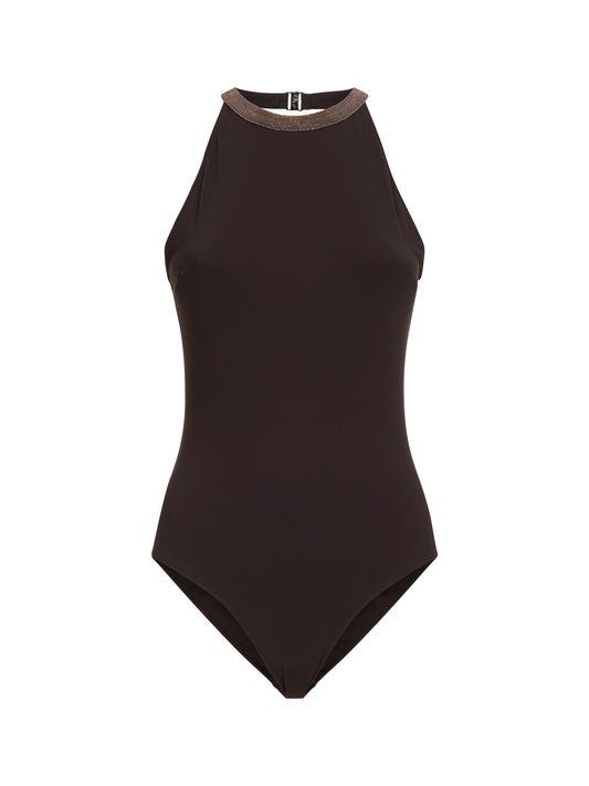 Lignite grey techno jersey one-piece swimsuit with Precious Collar