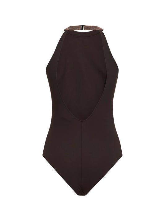 Lignite grey techno jersey one-piece swimsuit with Precious Collar