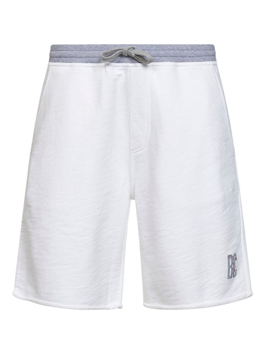 Bermuda in felpa mélange di cotone e lino bianco con logo