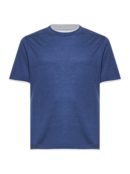 Denim silk and cotton jersey T-shirt with Faux Layering