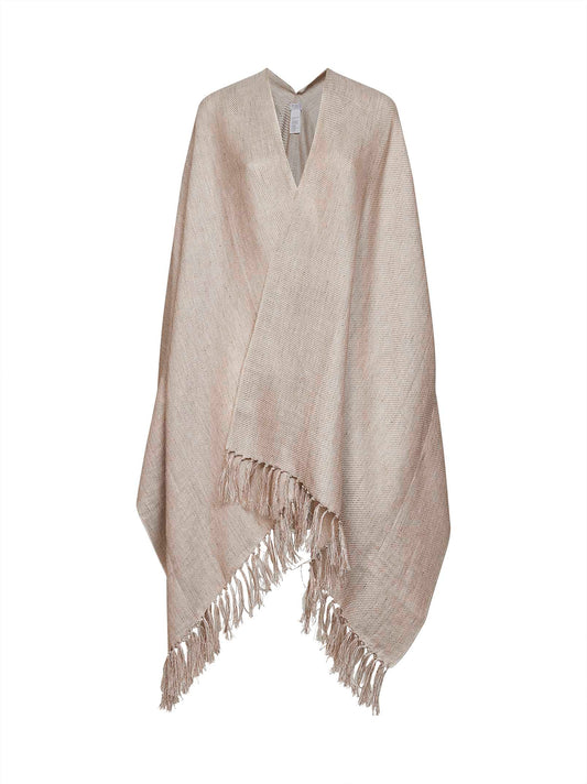 Beige lamé linen blend knit open poncho<BR/>