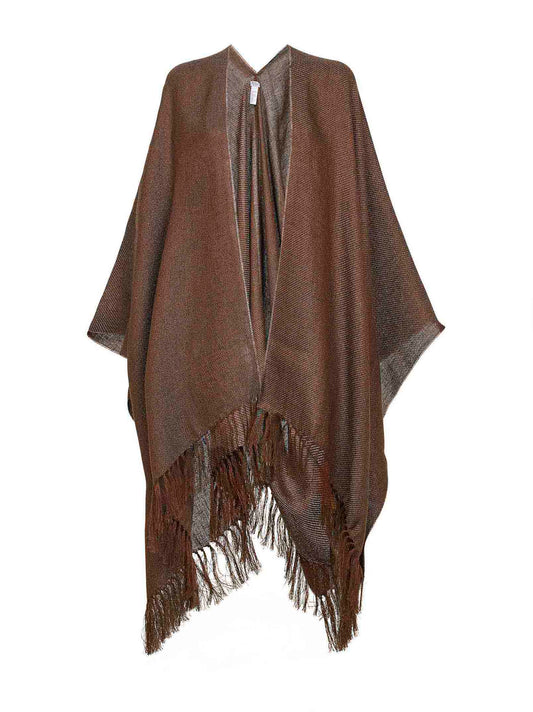 Tobacco lamé linen blend knit open poncho