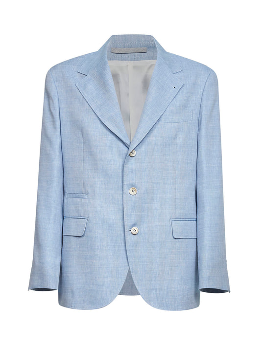 Light blue linen and virgin wool chevron deconstructed blazer