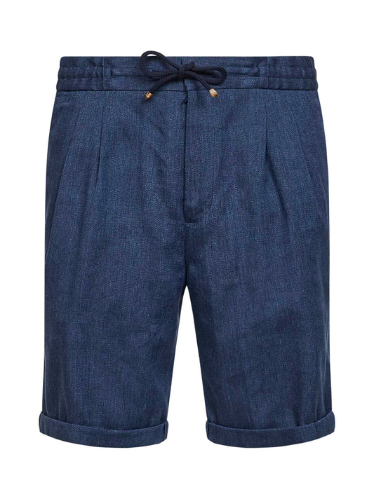 Blue linen and virgin wool chevron Bermuda shorts