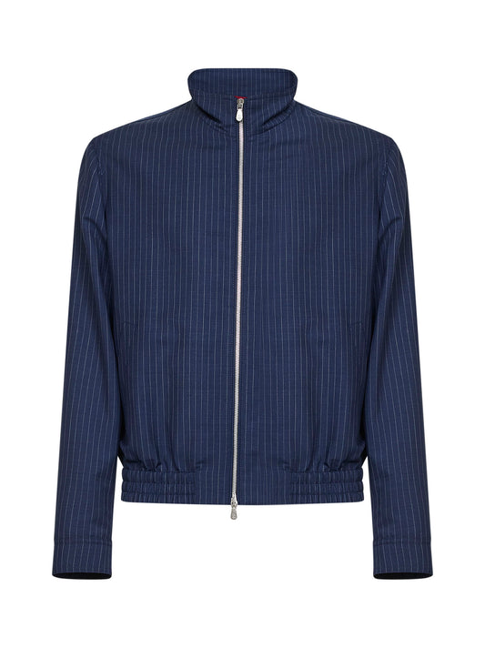Giubbino in tela gessata di lana e mohair blu
