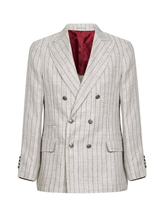 Light grey pinstriped twill deconstructed one-and-a-half-breasted blazer