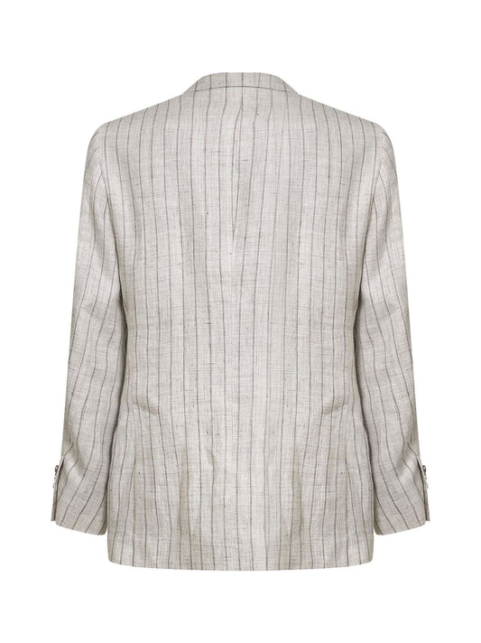 Light grey pinstriped twill deconstructed one-and-a-half-breasted blazer