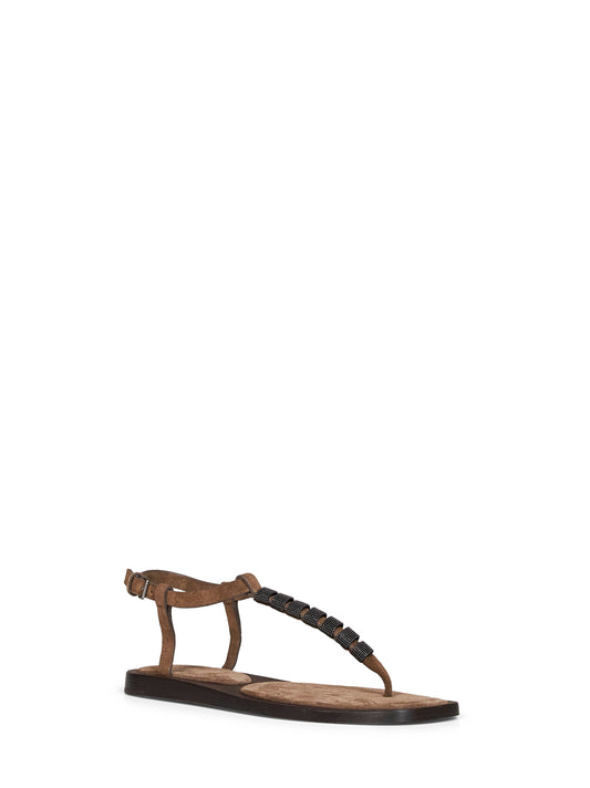 Brown suede thong sandals with monili