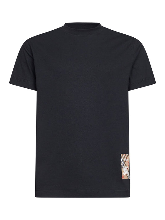 Black cotton Check patch T-shirt