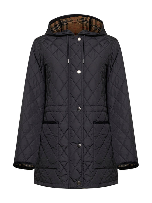 Parka con cappuccio in nylon trapuntato nero<BR/>