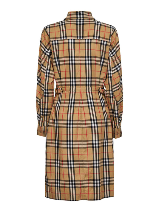 Sand beige Check cotton midi shirt dress