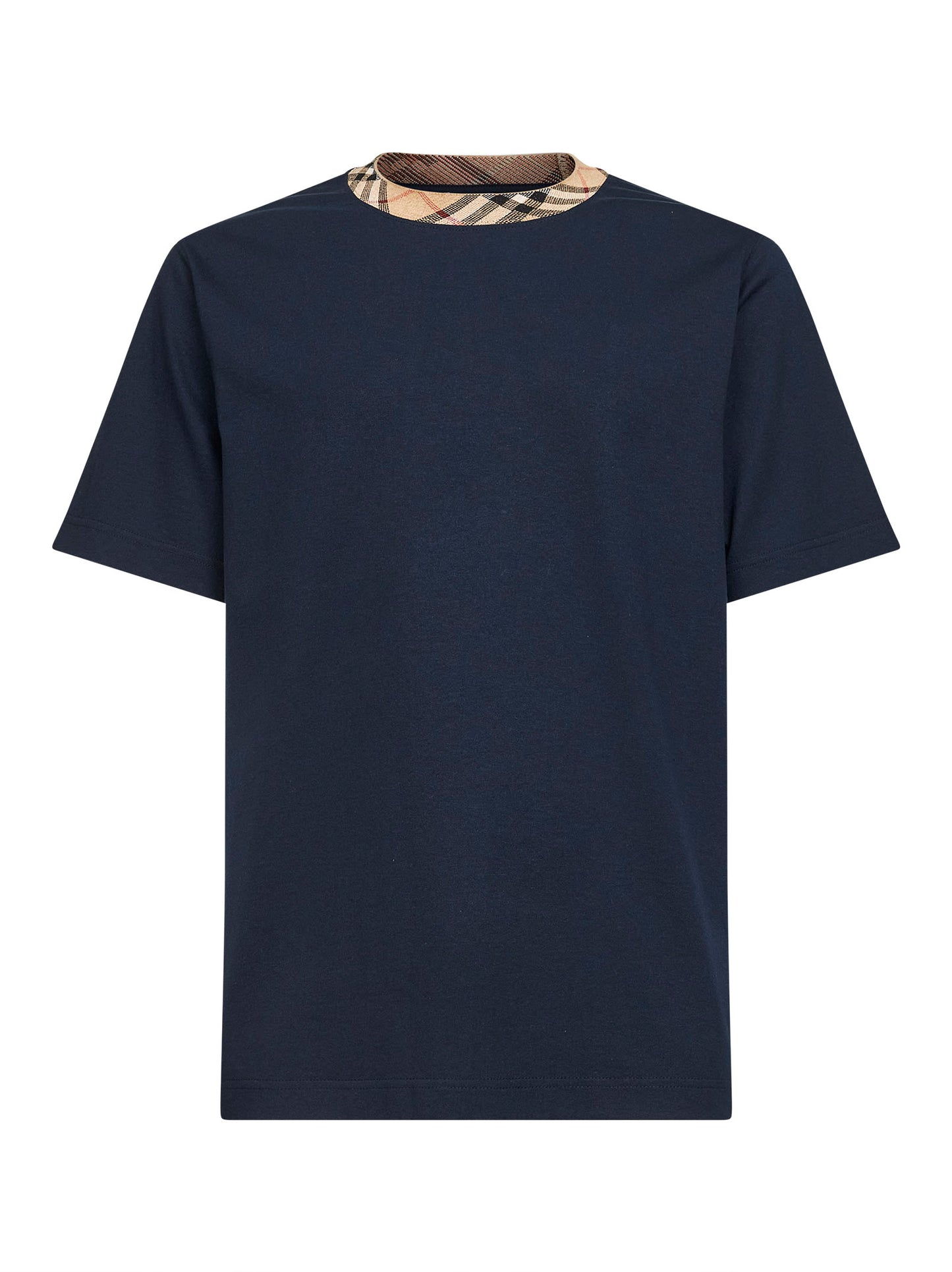 Navy blue cotton Check trims T-shirt