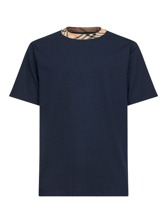 Navy blue cotton Check trims T-shirt