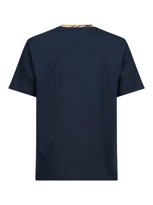 Navy blue cotton Check trims T-shirt