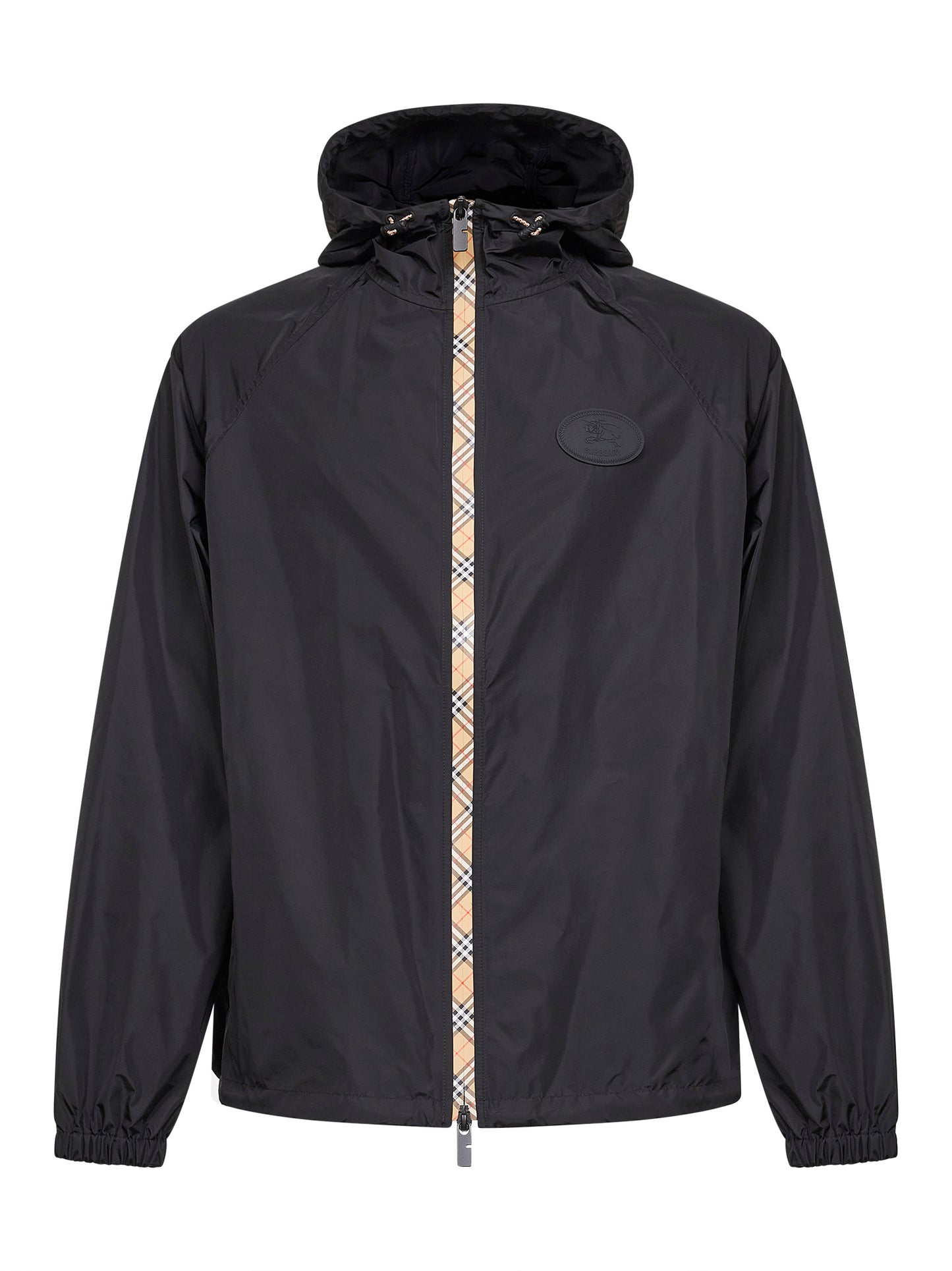 Giacca con cappuccio in nylon nero con nastro Check