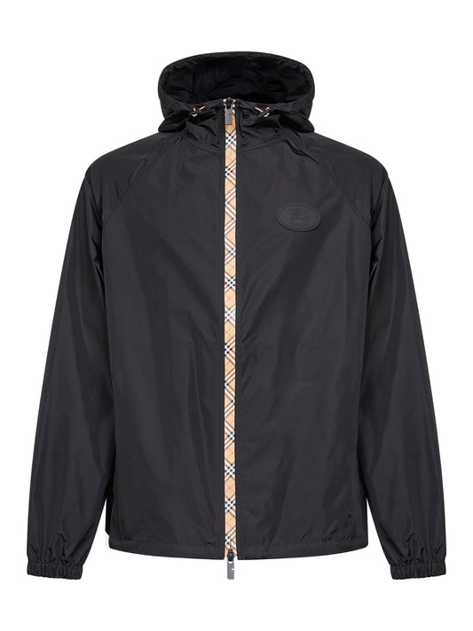 Giacca con cappuccio in nylon nero con nastro Check