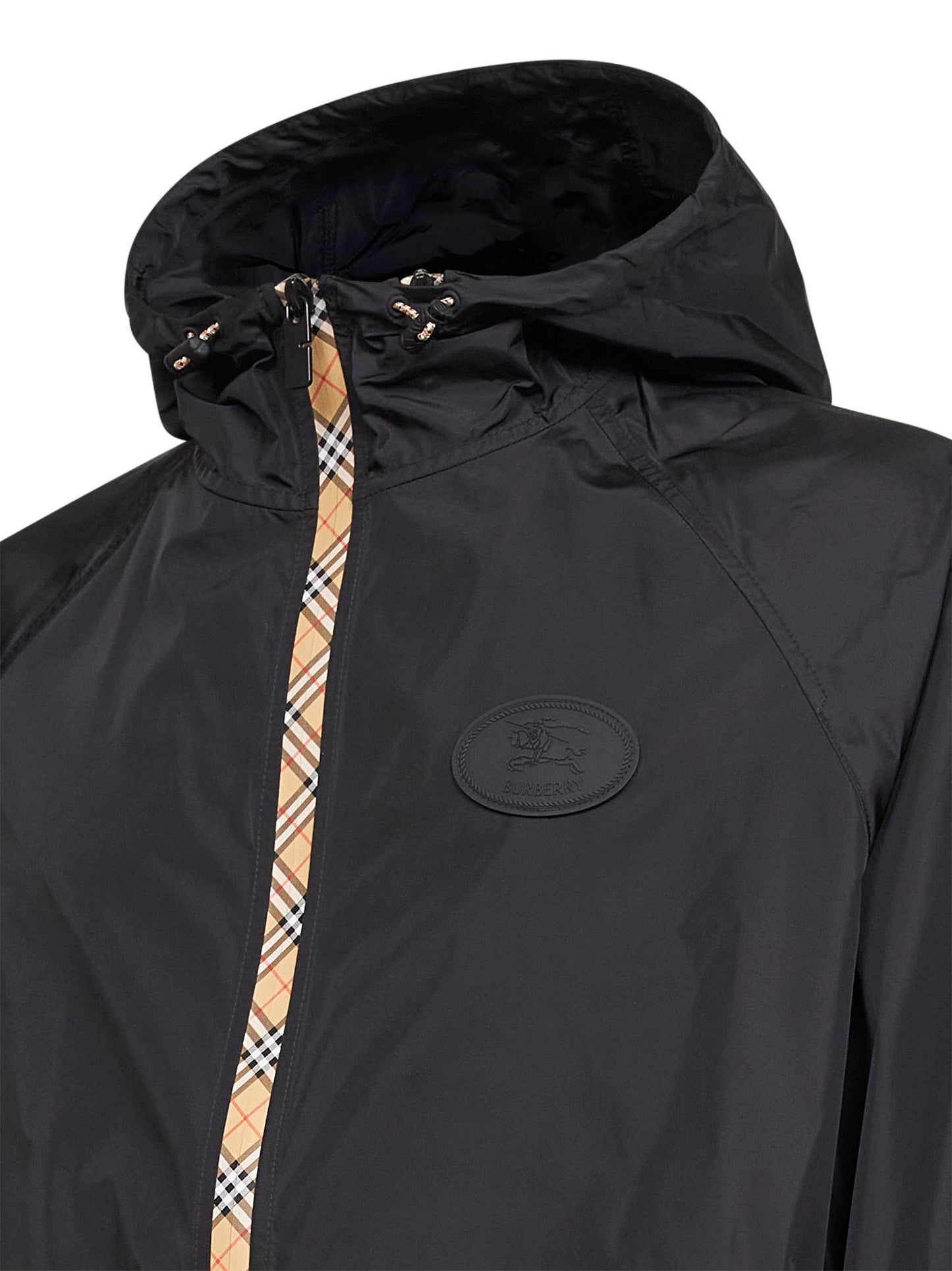 Giacca con cappuccio in nylon nero con nastro Check