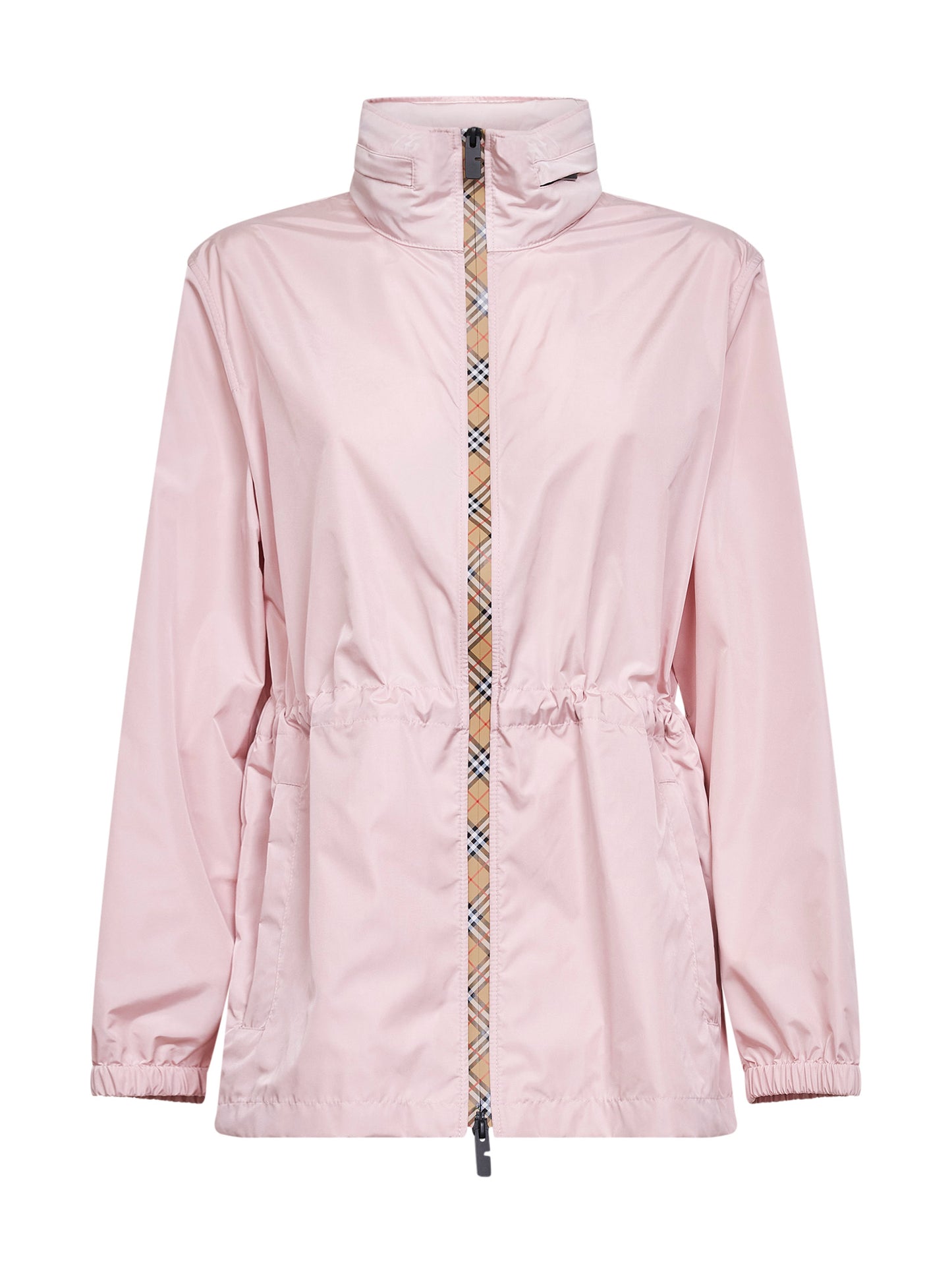 Pink nylon short hooded parka with Check tape