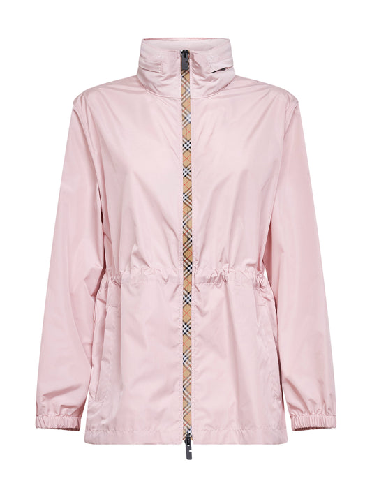 Pink nylon short hooded parka with Check tape