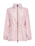 Pink nylon short hooded parka with Check tape