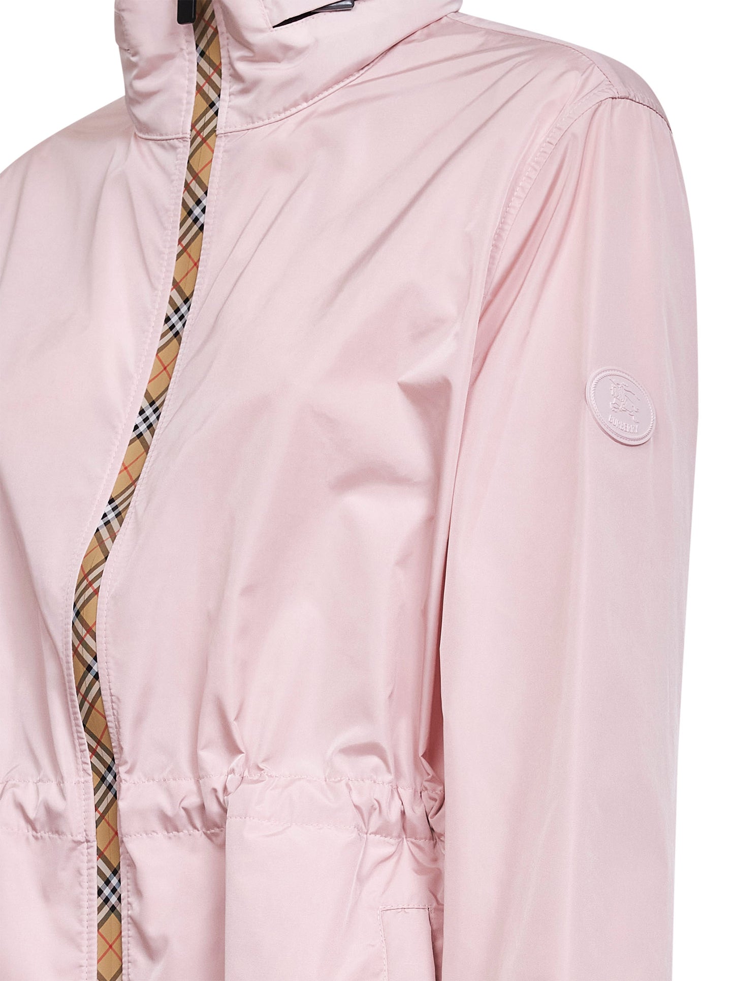 Pink nylon short hooded parka with Check tape