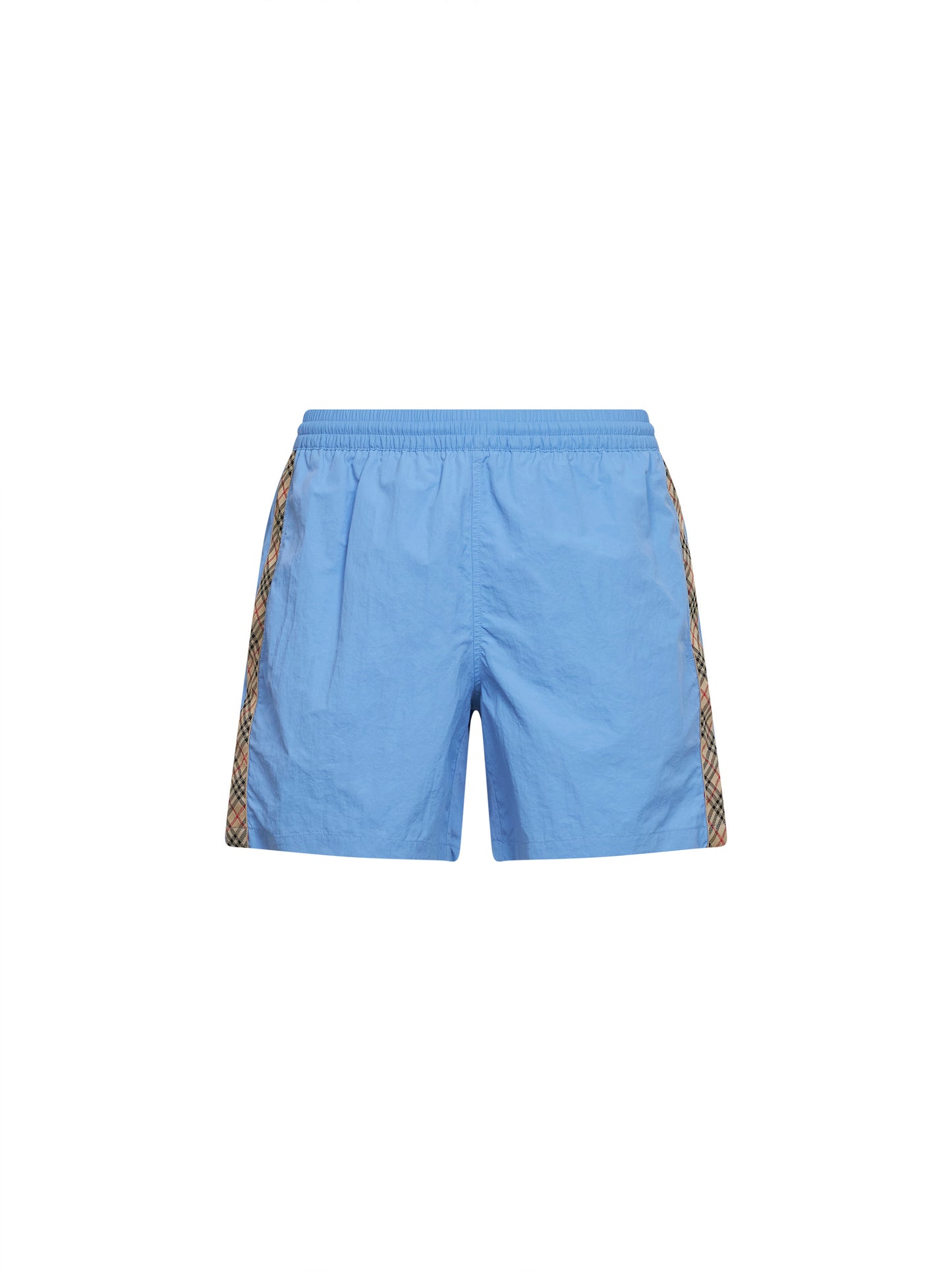 Shorts da mare in nylon azzurro con finiture Check