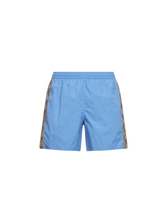 Shorts da mare in nylon azzurro con finiture Check