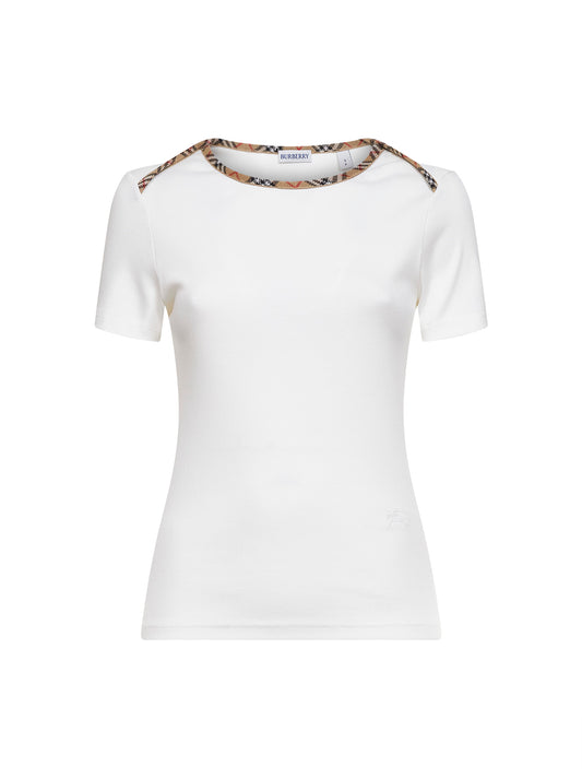 T-shirt in cotone stretch a costine bianco con finiture Check