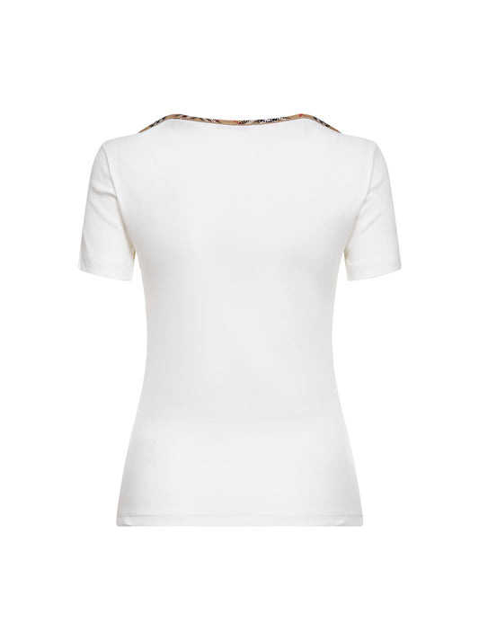 T-shirt in cotone stretch a costine bianco con finiture Check
