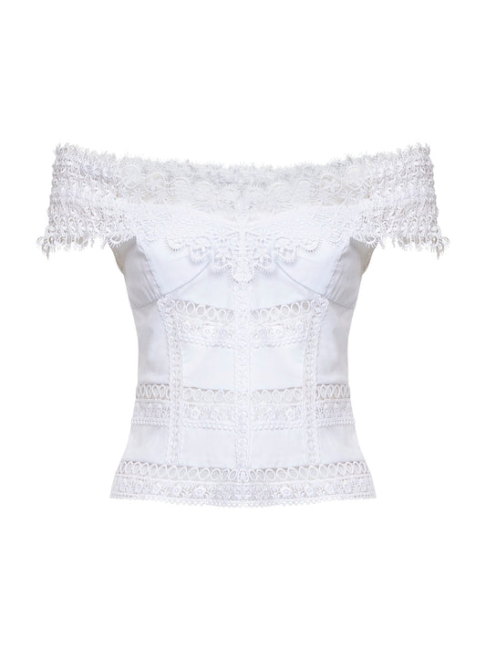 Top Elisette in voile e guipure bianco