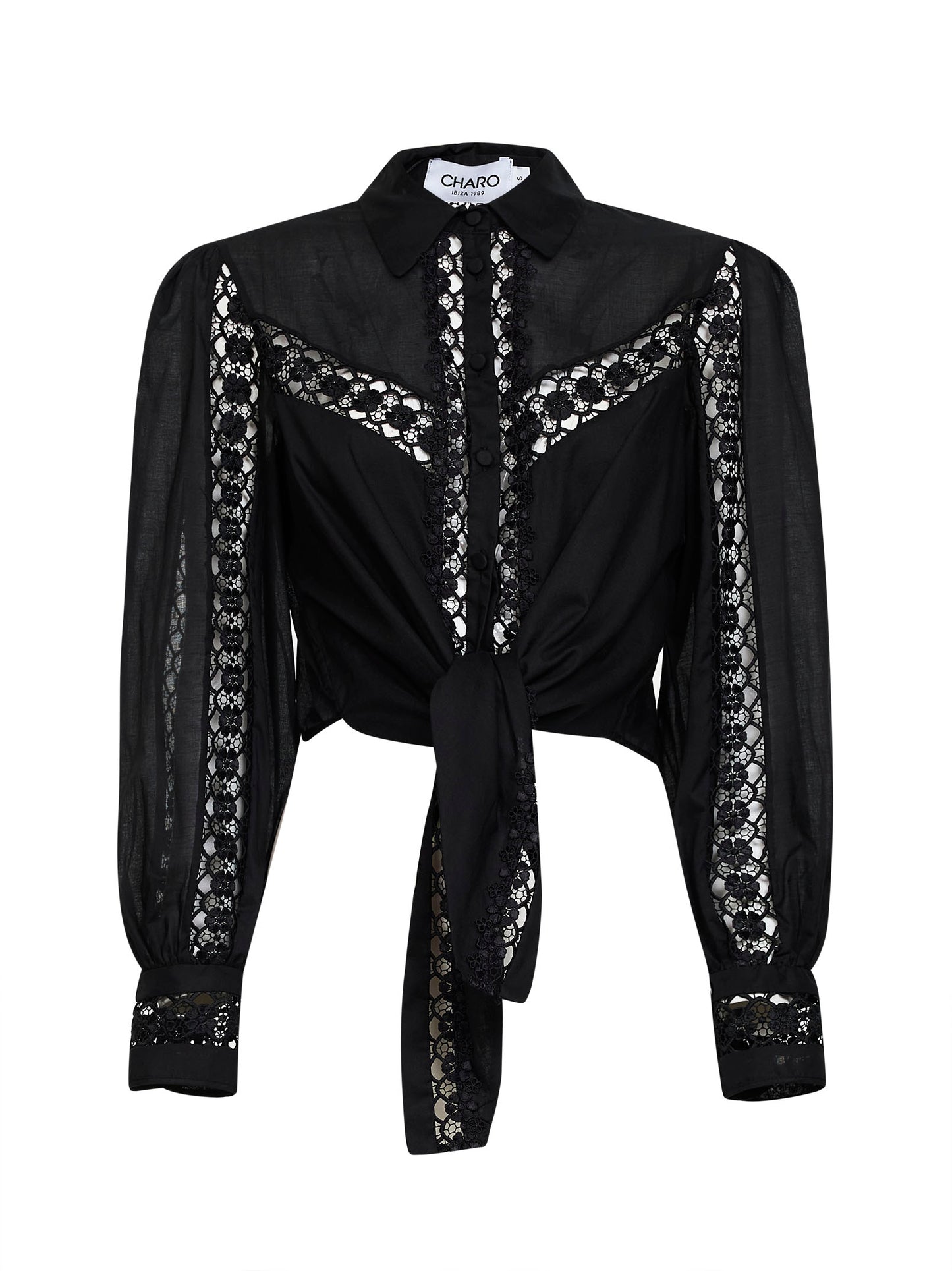 Blusa annodata Devi in voile e guipure nero