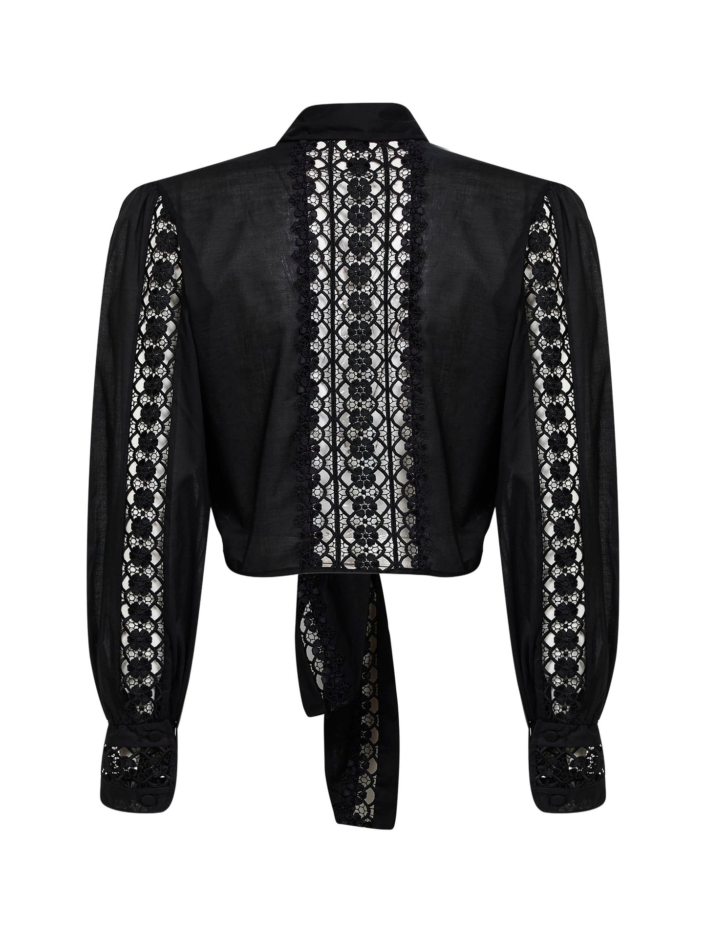 Blusa annodata Devi in voile e guipure nero