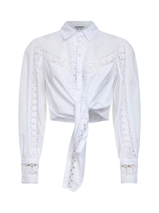 Blusa annodata Devi in voile e guipure bianco