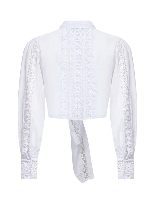 Blusa annodata Devi in voile e guipure bianco